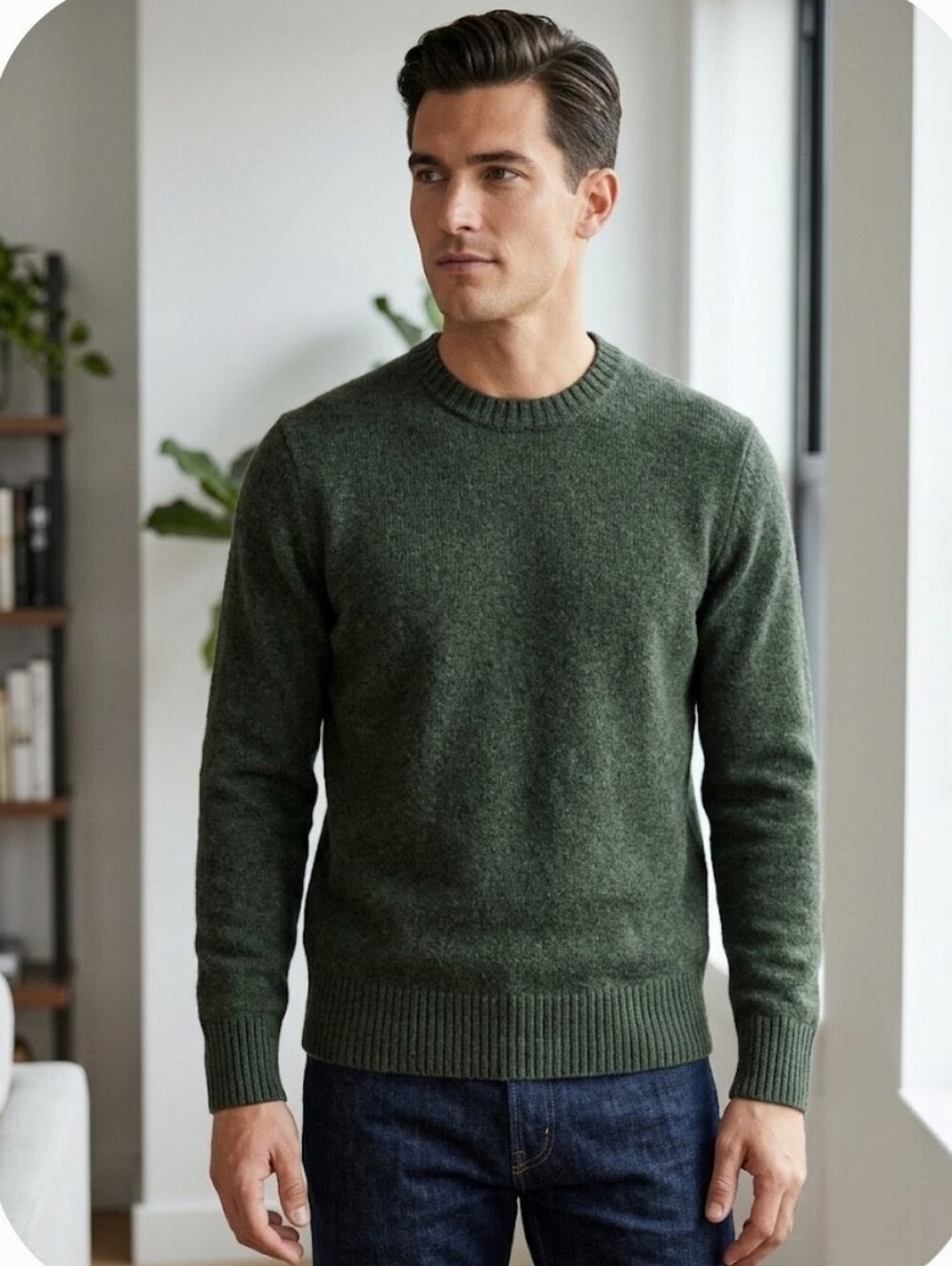 J. Crew Mens Rugged Merino Wool Green Blend Crewneck Sweater